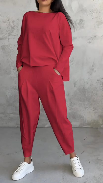 Women's Two-Piece Set – Relaxed Fit – Long-Sleeved Top and Harem Pants – Breathable Fabric