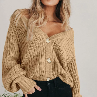 Martina Relaxed Fit Cardigan | Balloon Sleeves V-Neck Cardigan