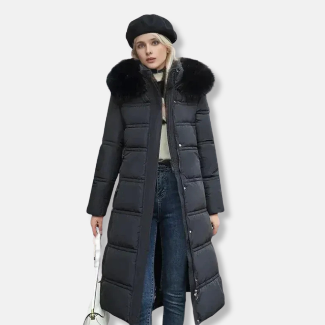 Mia Relaxed Fit Long Puffer Jacket | Fur Trim Long Puffer Jacket