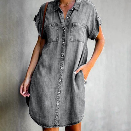 Women's Shirt Dress – Soft Denim – Short Sleeves – Casual Fit – Button Closure