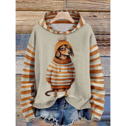 Hoodie Women – Relaxed Fit – Fleece Feel – Dog Print – Striped Sleeves