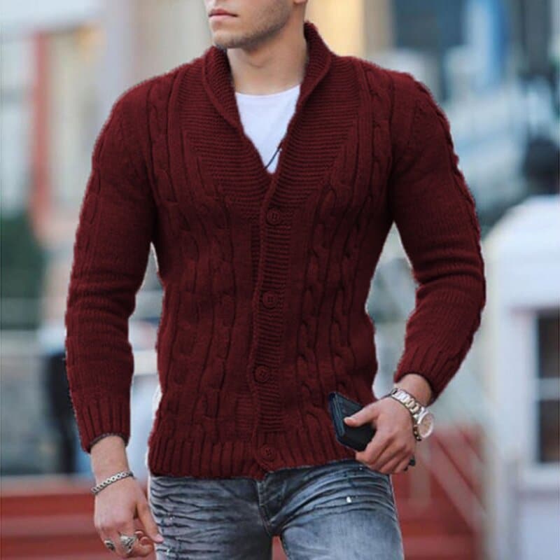 Herre Strikket Cardigan - Kabelstrikk - Ullblanding - Slim Fit - Knappelukking