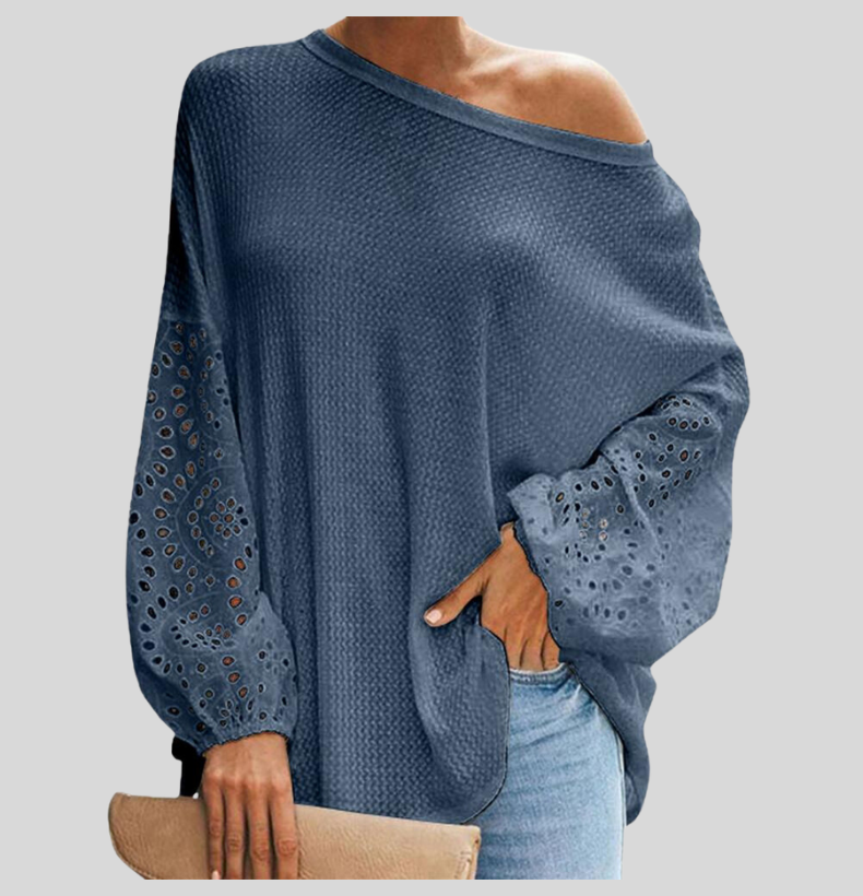 Dame Strikkegenser - Off-Shoulder - Løs Passform - Lange Ermer med Blonder Utskjæringer