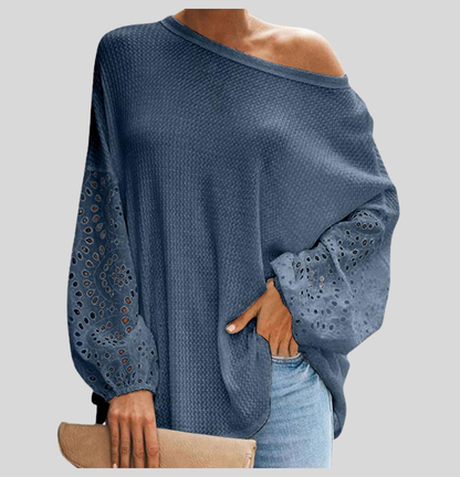 Dame Strikkegenser - Off-Shoulder - Løs Passform - Lange Ermer med Blonder Utskjæringer
