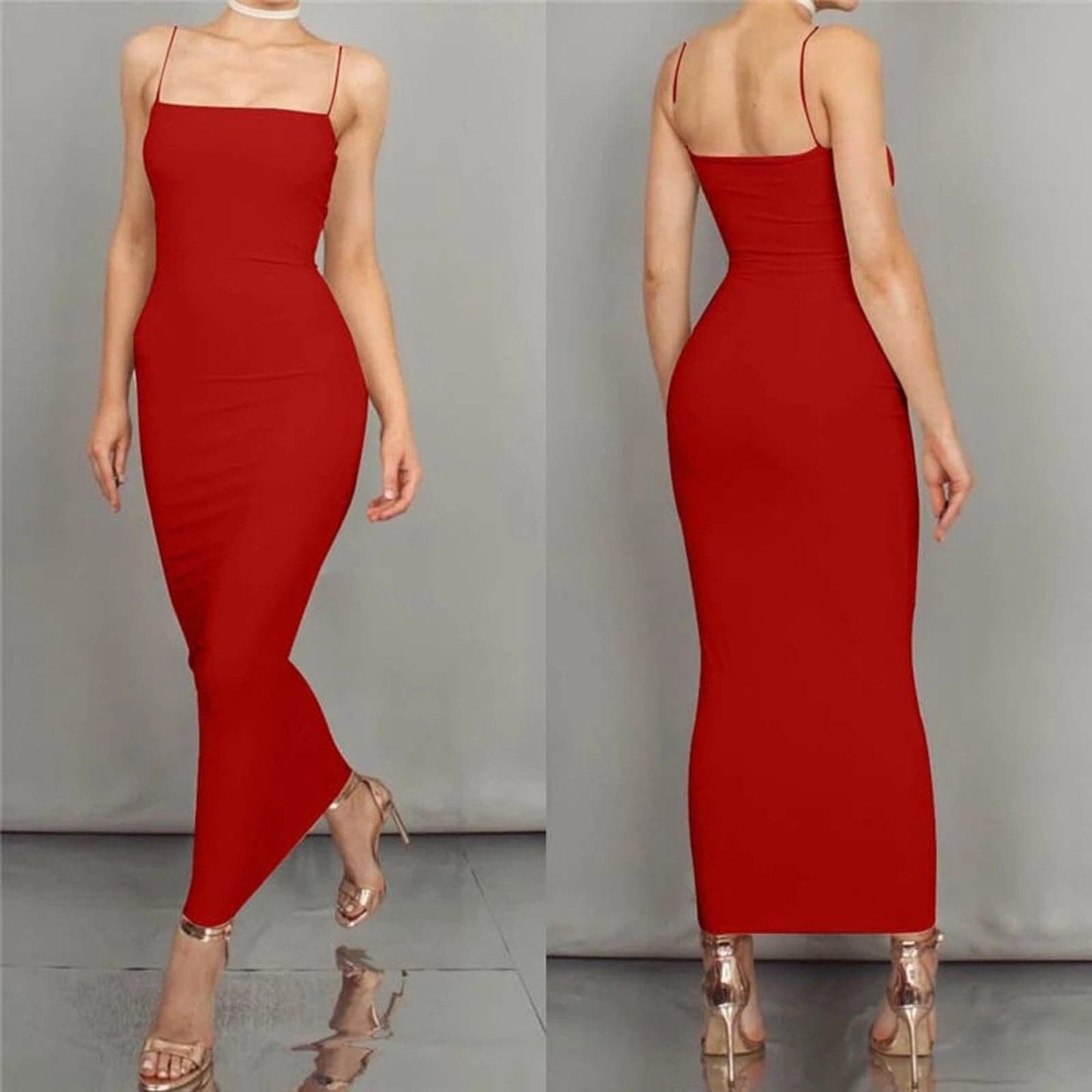 Women's Midi Dress - Tight Bodycon Fit - Square Neckline - Spaghetti Straps