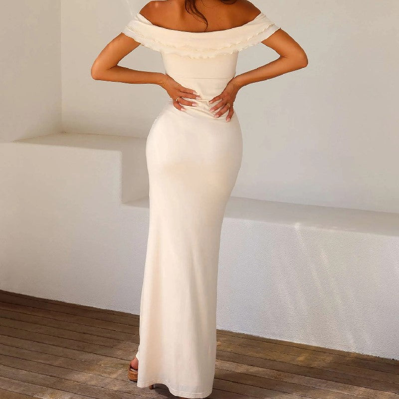Women's Maxi Dress – Satin – Slim Fit – Off Shoulder with Ruffle