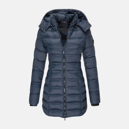 Women’s Puffer Coat - Slim Fit - Mid-Thigh Length - Hooded