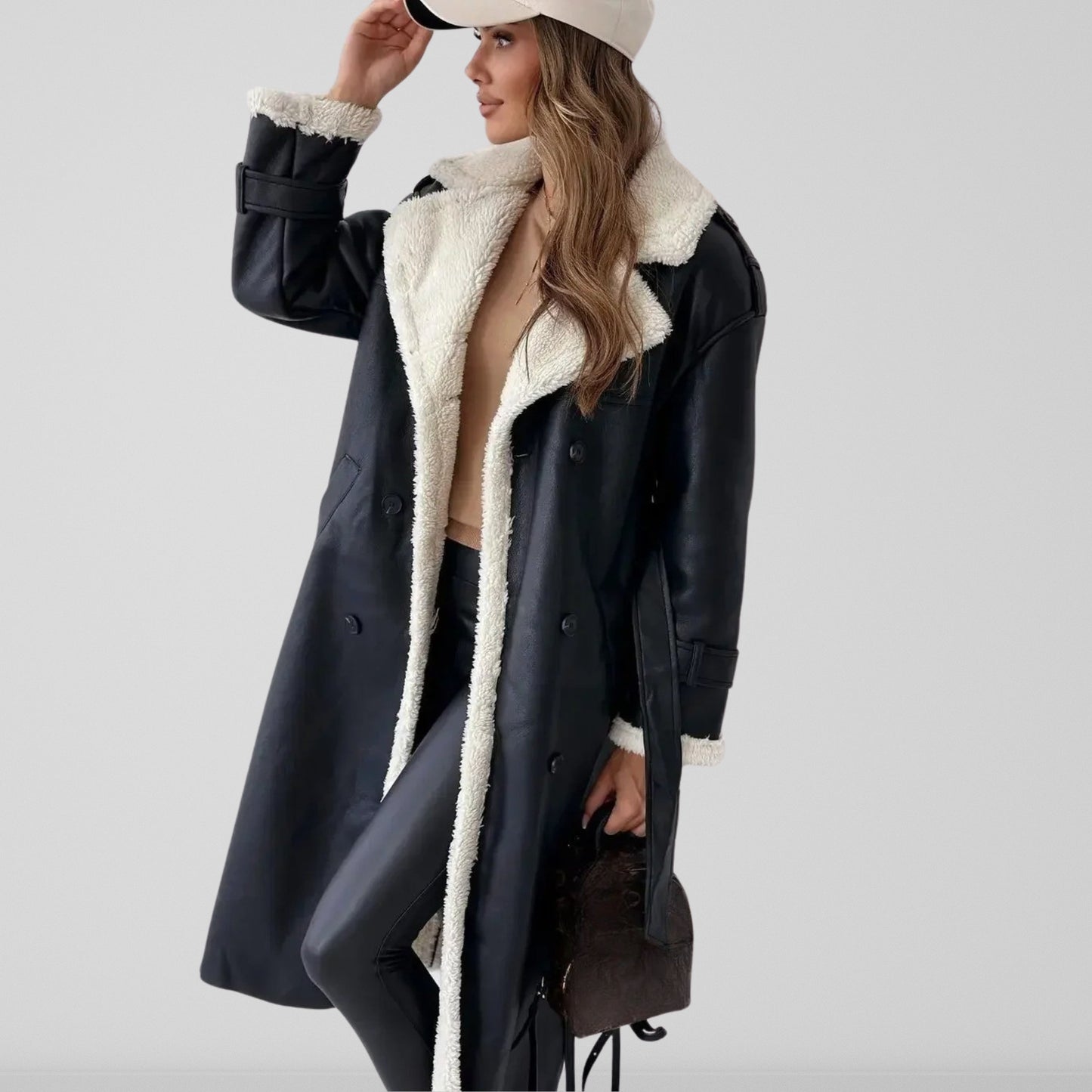 Women’s Coat - Faux Leather - Oversized Fit - Midi Length - Double Breasted - Shearling Lined