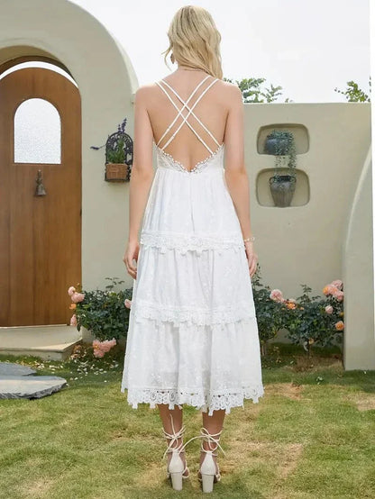 Women's Midi Dress - A-line Fit - Lace & Embroidery Details - Airy Cotton