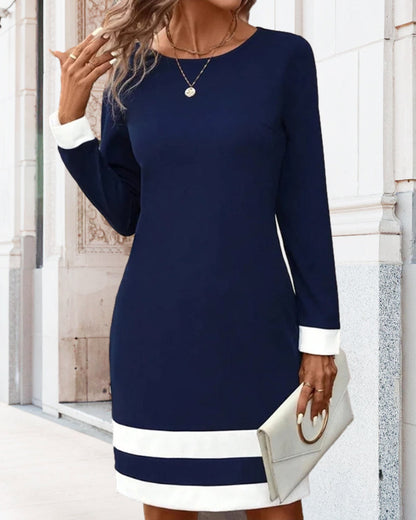 Dress for Women – Knee-Length – Tailored Fit – Long Sleeves – Elegant Contrast Detail