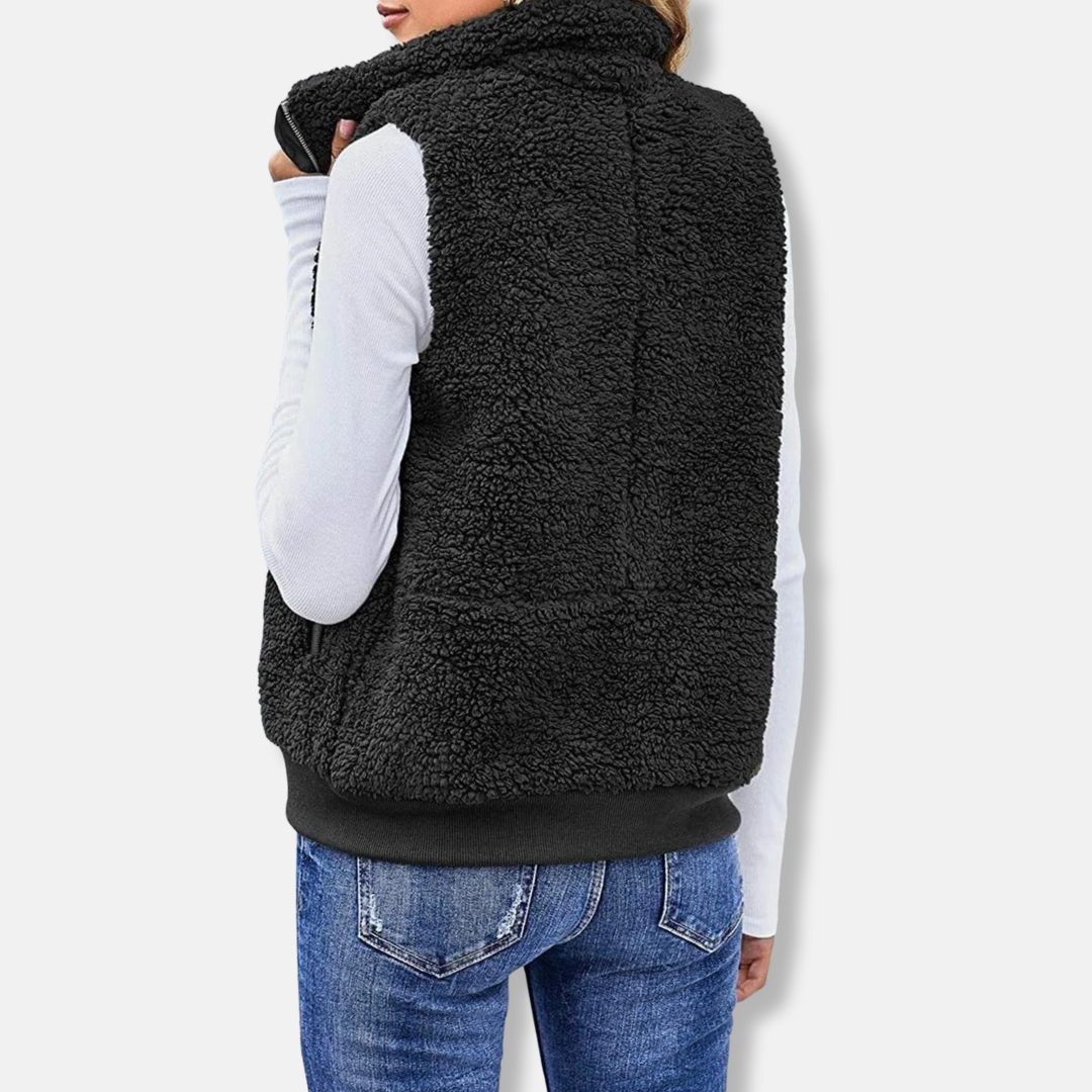 Women's Vest – Soft Teddy Texture – Relaxed Fit – Zipper and High Collar