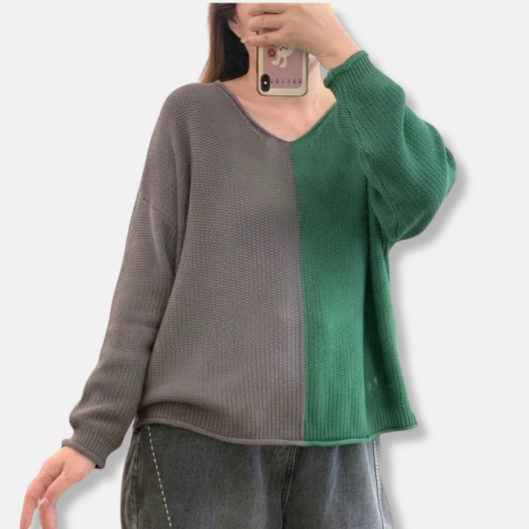 Elsie Relaxed Fit Sweater | Color Block V-Neck Sweater