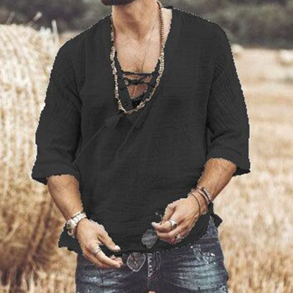 Men's Shirt - Light and Breathable - V-neck with Lacing - Comfortable Loose Fit
