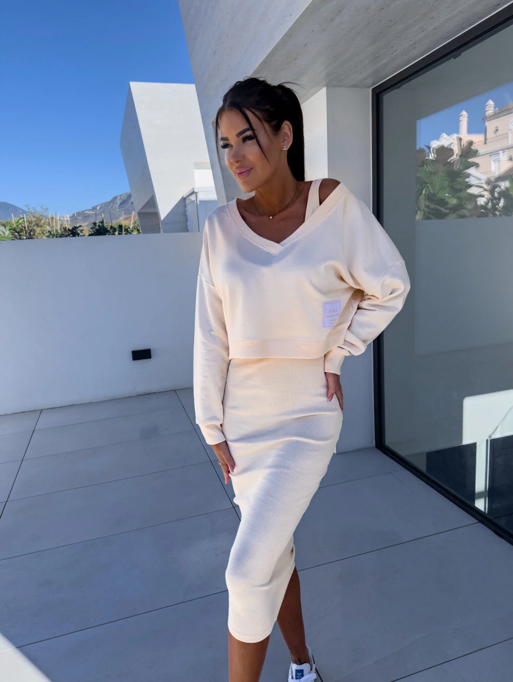 Women's Sweatshirt Dress Set – Soft Knit – V-Neck – Midi Pencil Skirt – Relaxed Fit