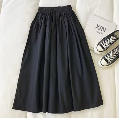 Women's Midi Skirt – High Waist – Loose Fit – Breathable Fabric – Pleated Design