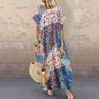 Women's Maxi Dress - Bohemian Style - Loose Fit - Short Sleeves - Breathable Fabric