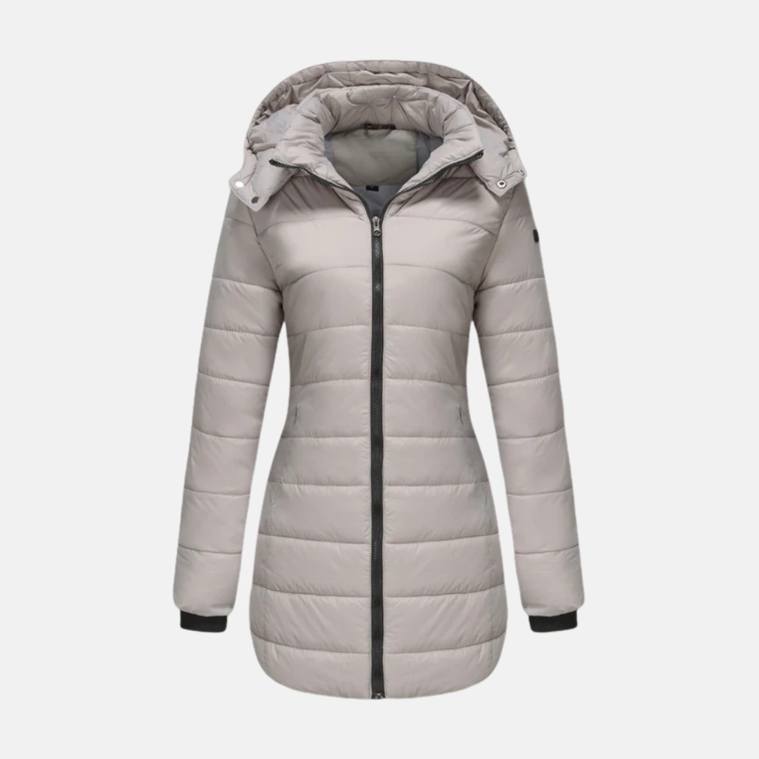 Women’s Puffer Coat - Mid-Thigh Length - Hooded - Two-Way Zipper