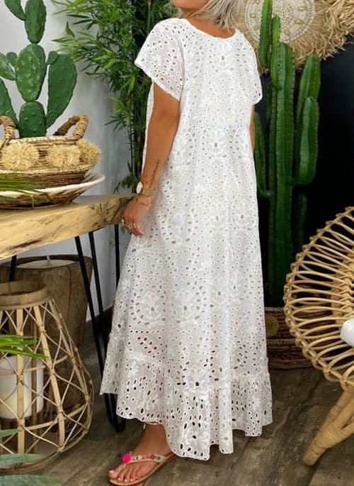 Women's Maxi Dress - Bohemian Style - Broderie Anglaise - V-neck - Airy and Comfortable