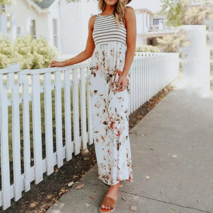 Women's Maxi Dress – Sleeveless with Round Neck – Floral Print and Stripes – Loose Fit with Pockets
