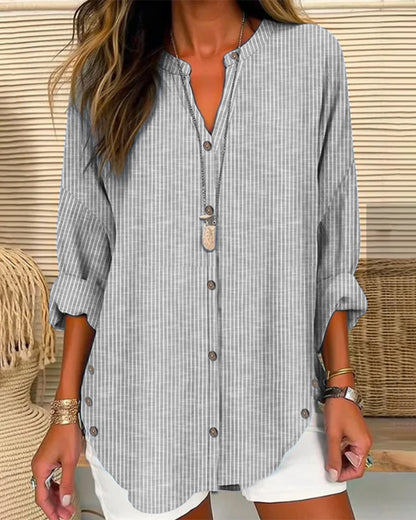 Women's Blouse – Relaxed Fit – V-Neck with Buttons – Striped – Breathable Fabric