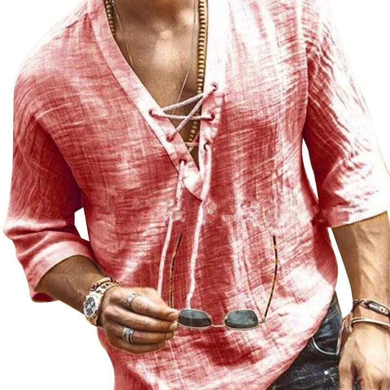 Men's Shirt - Light and Breathable - V-neck with Lacing - Comfortable Loose Fit