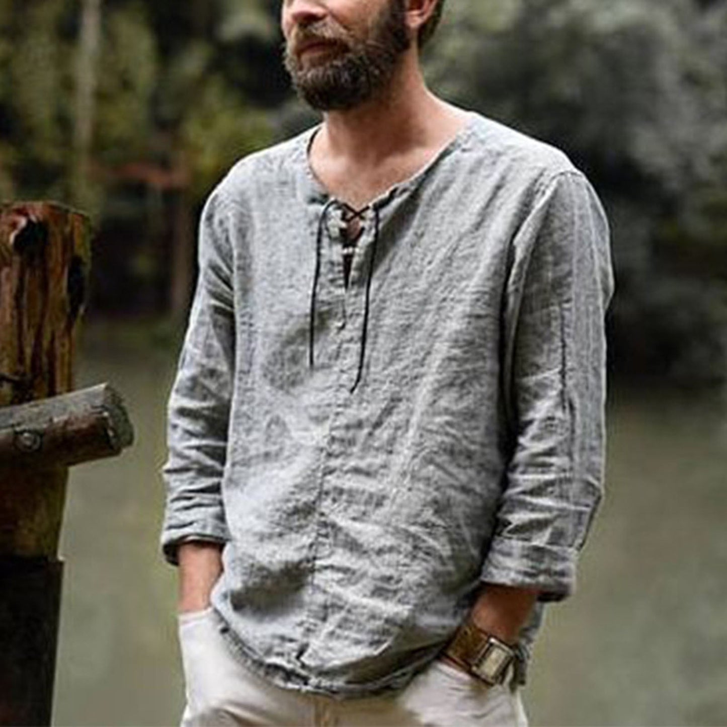 Men's Shirt - Light and Breathable - Relaxed Fit - Henley Neck with Lacing - Long Sleeves