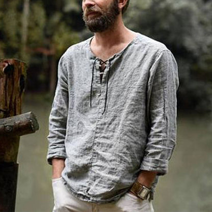 Men's Shirt - Light and Breathable - Relaxed Fit - Henley Neck with Lacing - Long Sleeves
