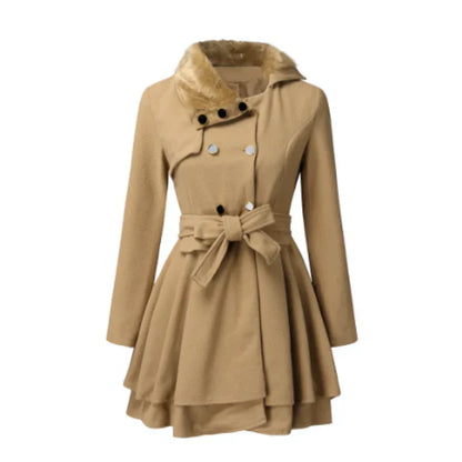 Women's Coat – Wool Blend – Flattering A-line – Faux Fur Collar – Tie Belt