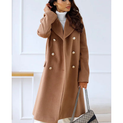 Women's Long Coat – Wool Blend – Tailored – Double-Breasted with Wide Lapels