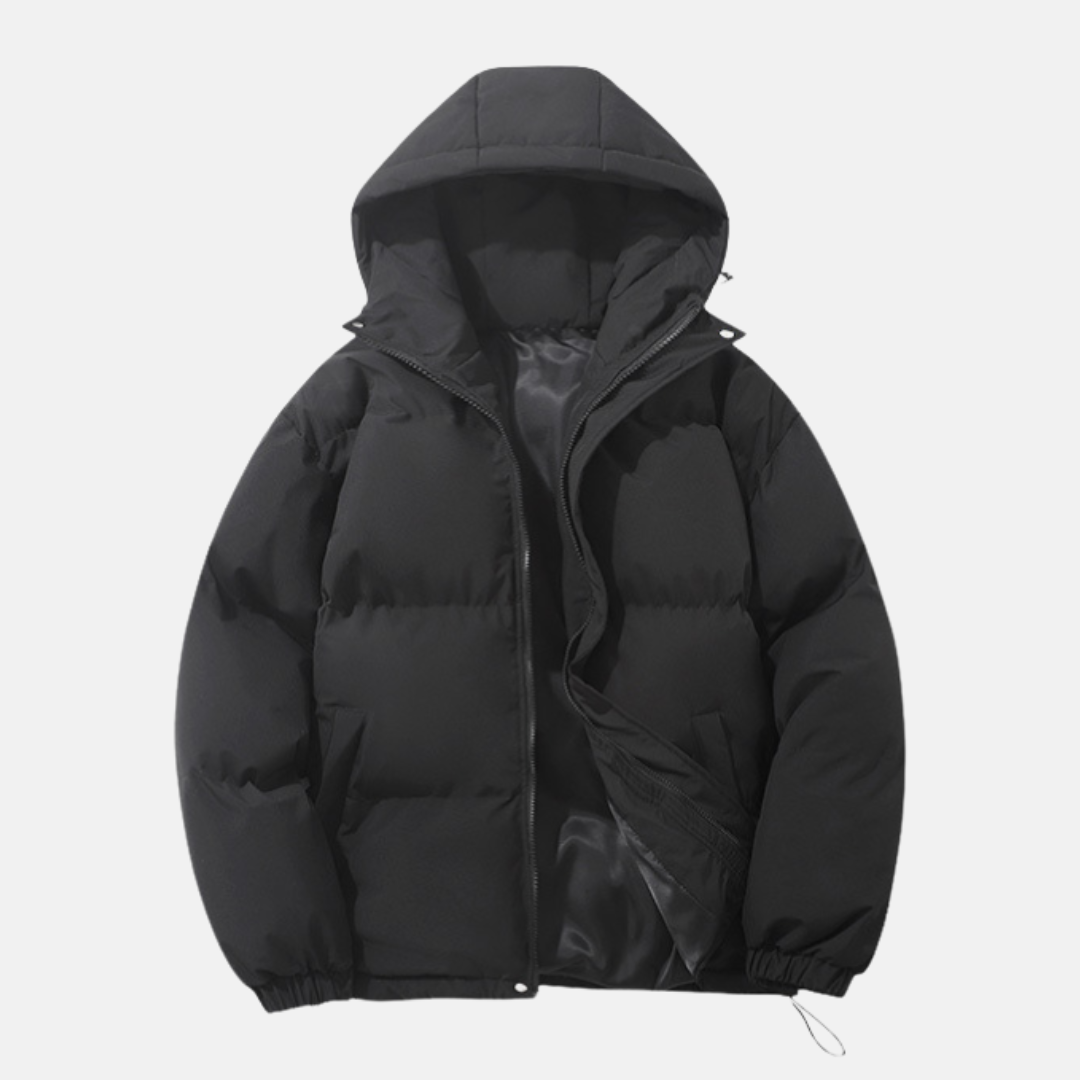 Men’s Puffer Coat - Woven Synthetic - Relaxed Fit - Hip Length - Padded Hood