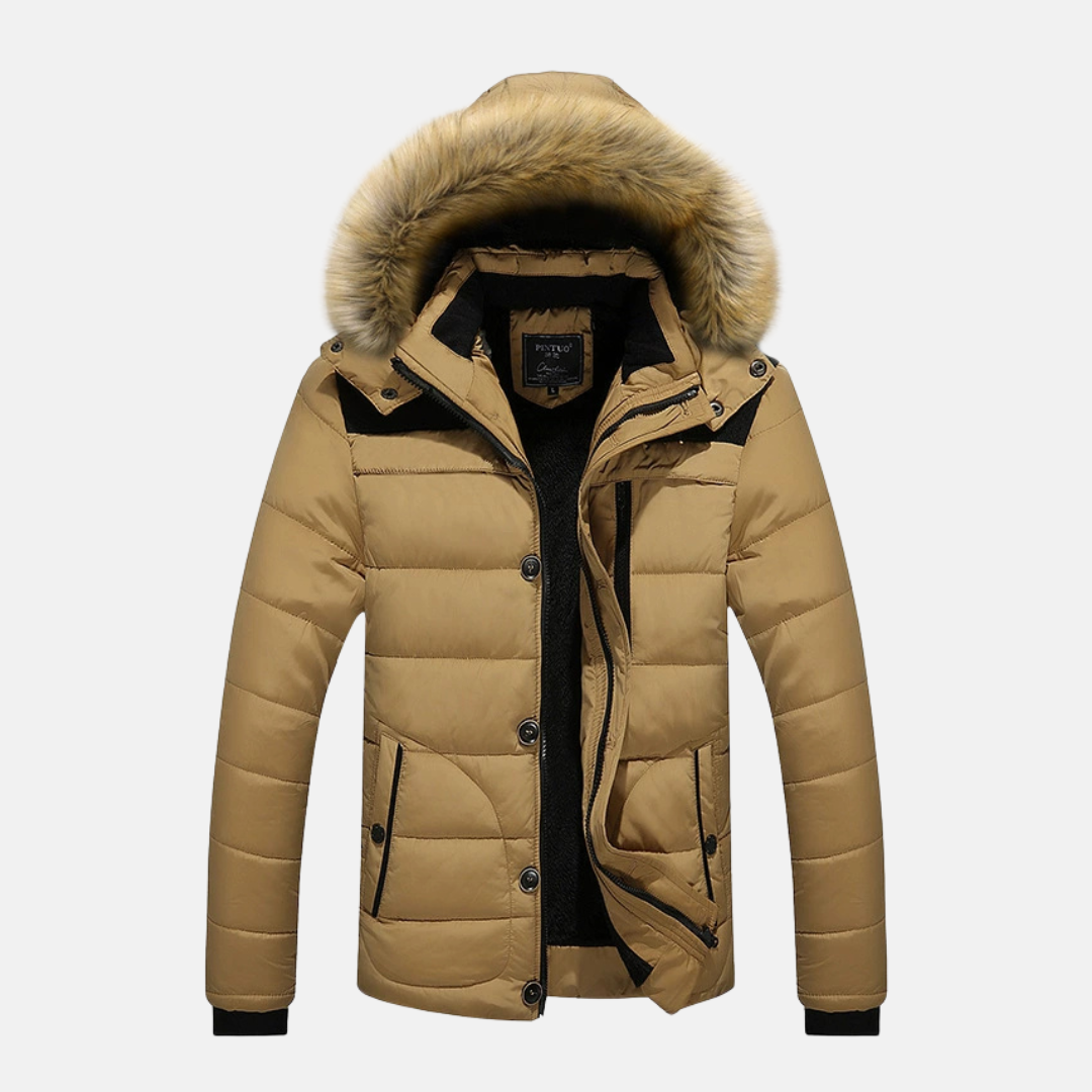 Men’s Jacket - Quilted Shell - Slim Fit - Removable Faux Fur Hood - Ribbed Cuffs