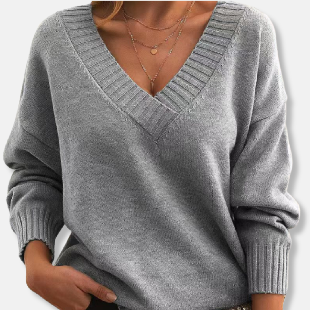 Imogen Wool V-Neck Sweater | Relaxed Fit Ribbed Trim Sweater