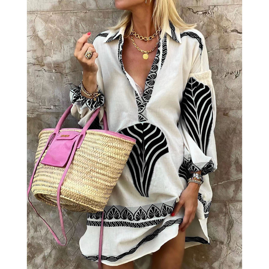 Dress woman – mini length – relaxed fit – V-neck – voluminous sleeves – breathable fabric