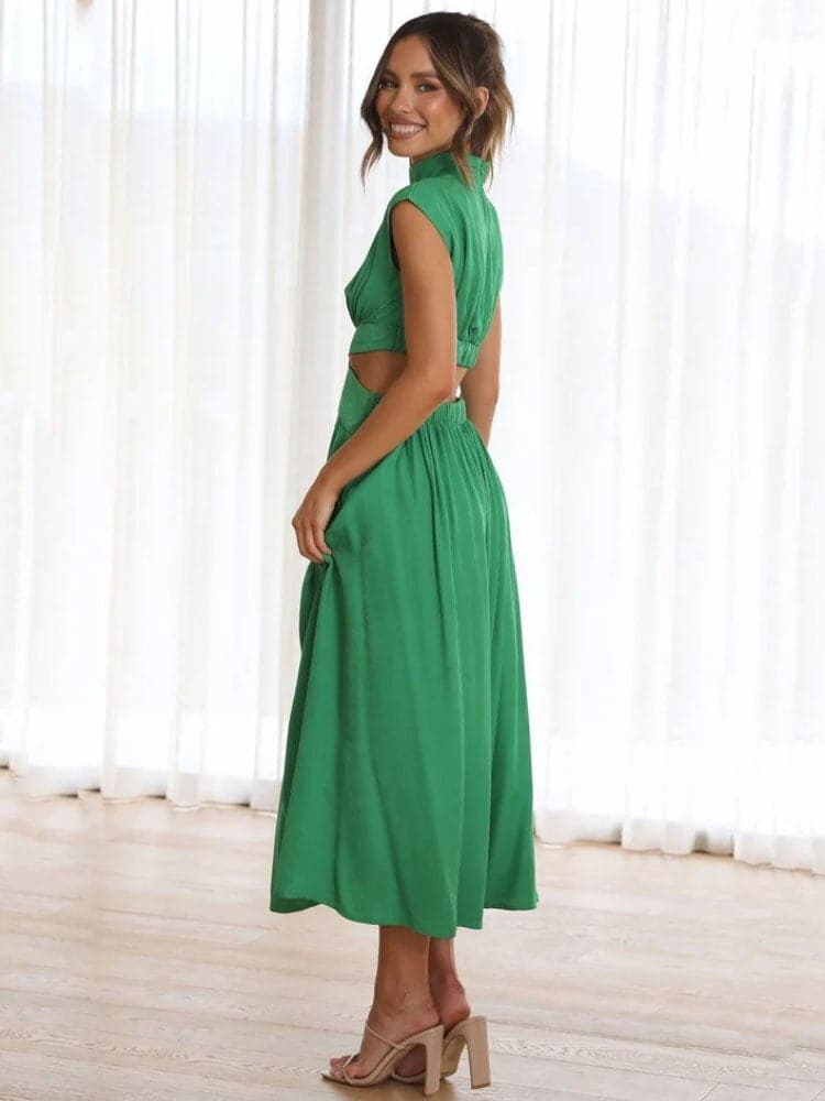 Dress for Women – Midi Fit & Flare – High Neck – Short Sleeves – Cut-Out Details
