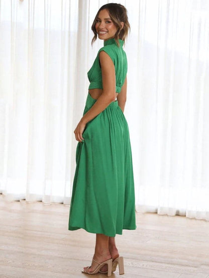 Dress for Women – Midi Fit & Flare – High Neck – Short Sleeves – Cut-Out Details