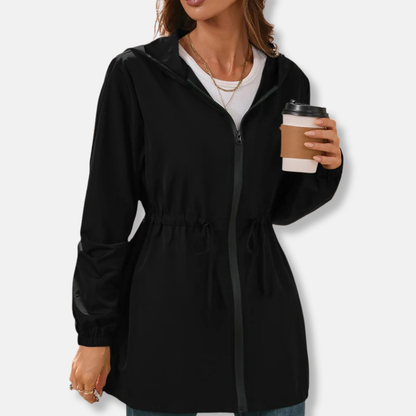 Women's Rain Jacket – Water-Repellent Lightweight Fabric – Adjustable Waist – Hood – Zipper