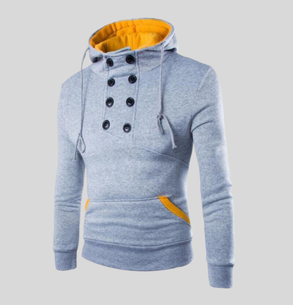 Men's Sweater - Asymmetric Button Front - Drawstring Hood - Ribbed Cuffs