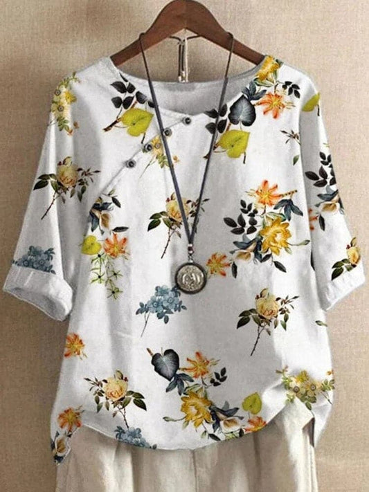 Damebluse – Blomstermønstret – Rund Hals – Halvlange Ermer – Løs Passform – Dekorative Knapper