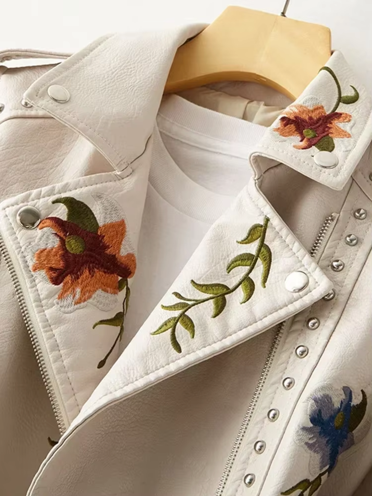 Women's Leather Jacket – Tailored Fit – Embroidered Flowers – Studded Biker Style