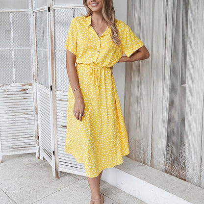 Women's Midi Dress – Short Sleeved – Loose Fit – Buttons and Adjustable Waist