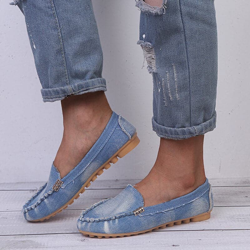 Dame Loafers - Denimstoff - Slip-on - Dekorative Metalldetaljer - Komfortsåle