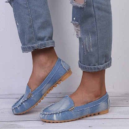 Dame Loafers - Denimstoff - Slip-on - Dekorative Metalldetaljer - Komfortsåle