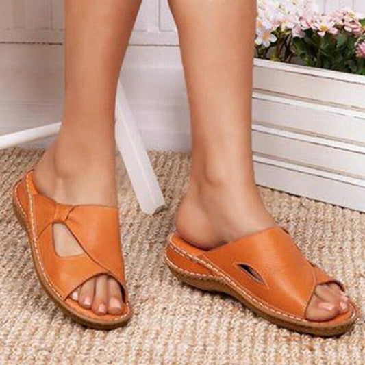 Women's Sandals - Leather - Slip-on Comfort - Open Toe - Stylish Cut-out Pattern