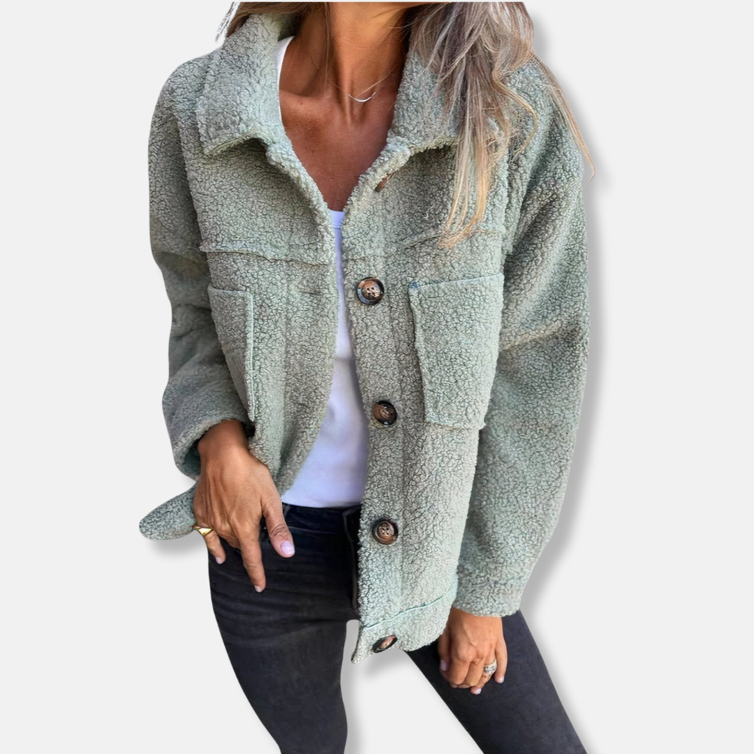 Women's Sherpa Jacket - Soft Fluffy Texture - Relaxed Fit - Button Closure and Pockets