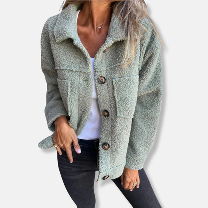 Women's Sherpa Jacket - Soft Fluffy Texture - Relaxed Fit - Button Closure and Pockets