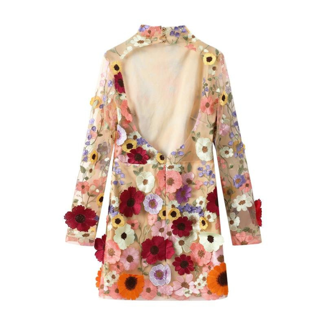 Dress for Women - Tight-fitting Mini Dress - Floral Embroidery - Long Sleeves - High Neck