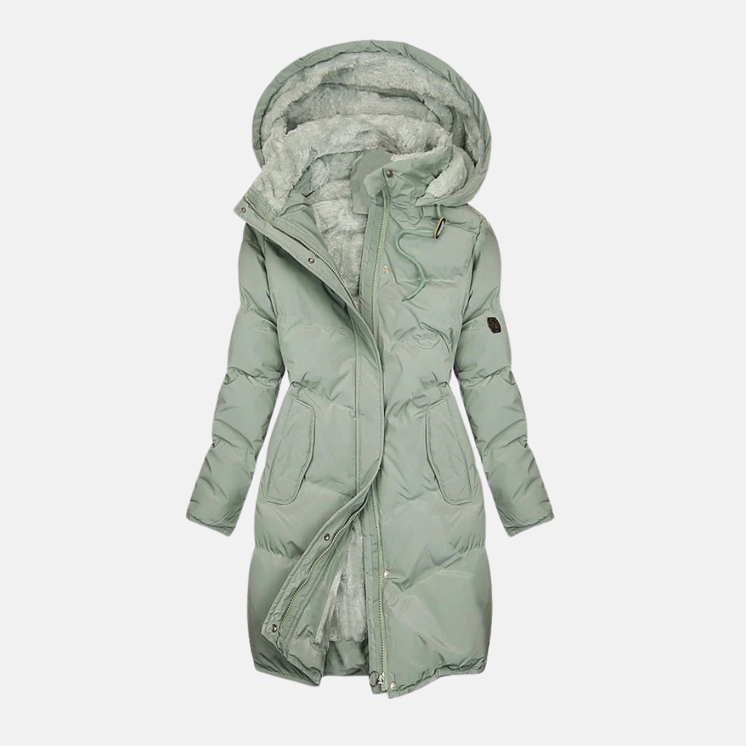 Women’s Coat - Woven Fabric - Longline Quilted - Plush Lined Hood - Adjustable Waist