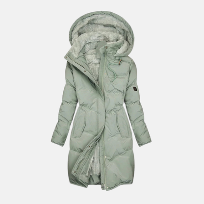 Women’s Coat - Woven Fabric - Longline Quilted - Plush Lined Hood - Adjustable Waist