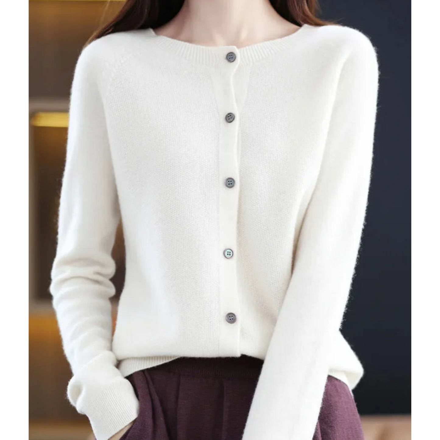 Dame Cardigan - Myk Ull-Kasjmir - Rund Hals - Knappelukking - Komfortabel Passform