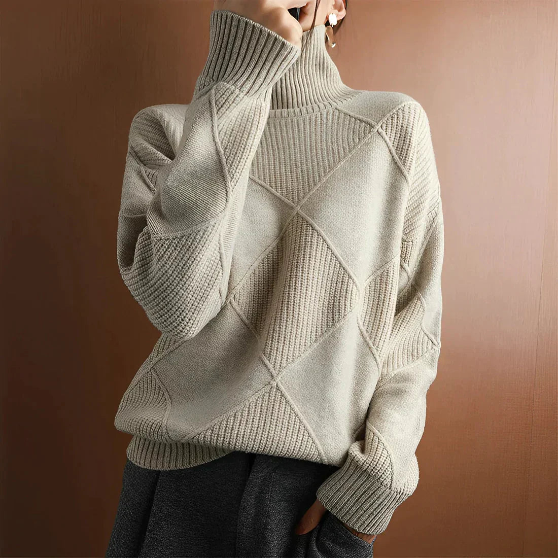 Women's Sweater – Wool Blend – Oversized Fit – High Neck – Ribbed Pattern